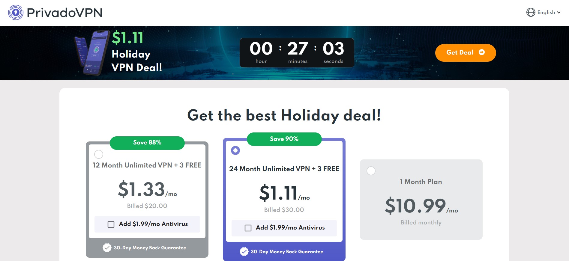 Home page of the PrivadoVPN website.