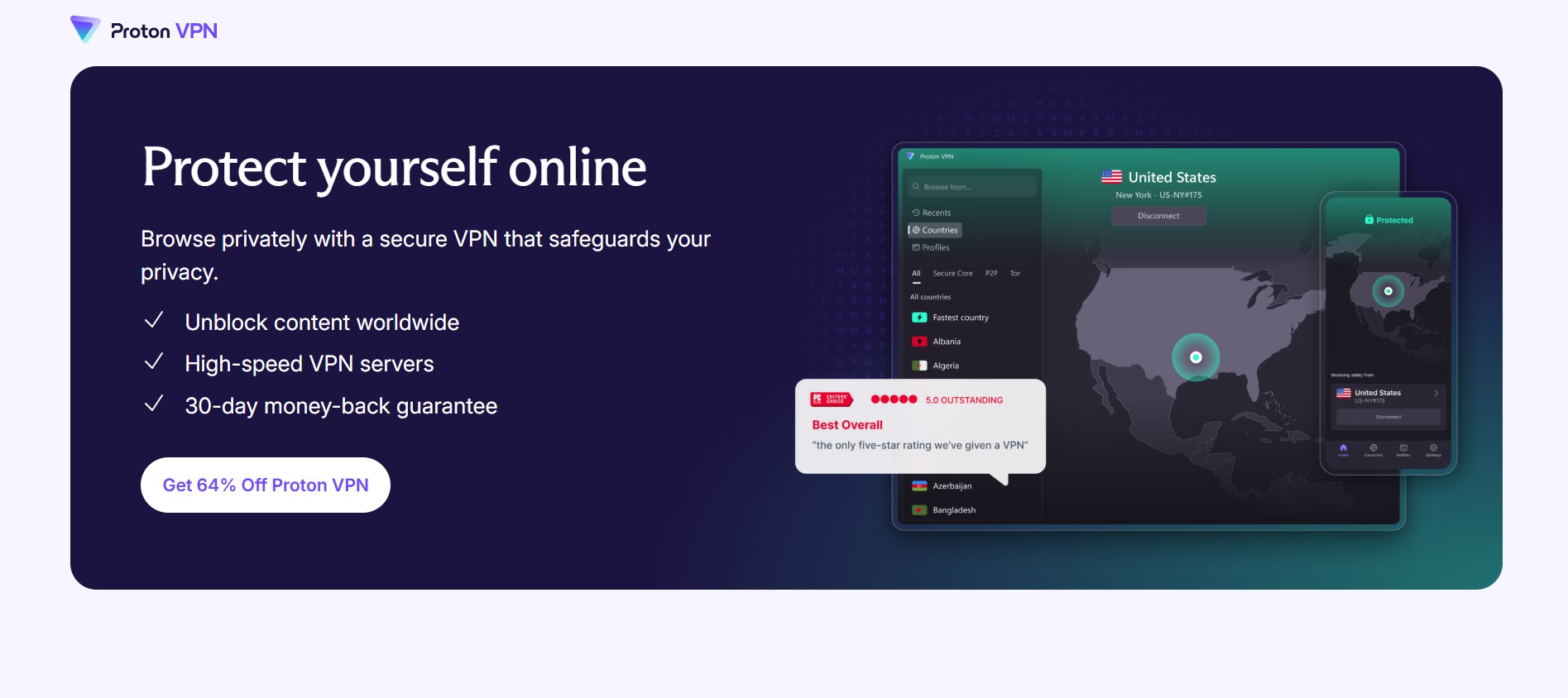 Home page of the Proton VPN website.