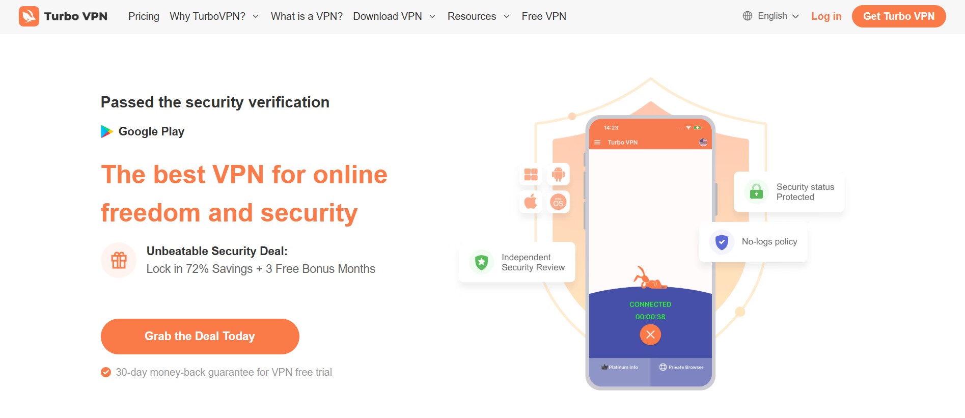 Home page of the TurboVPN website.