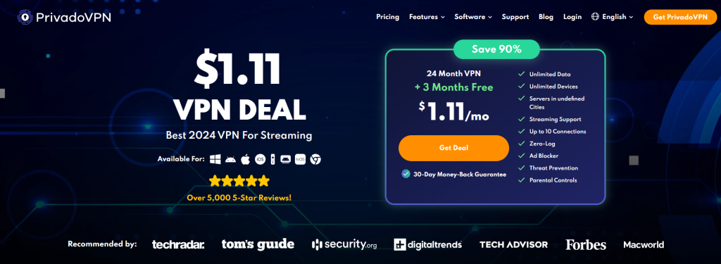 PrivadoVPN main page.