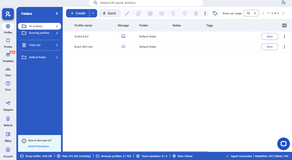 Multilogin X interface.