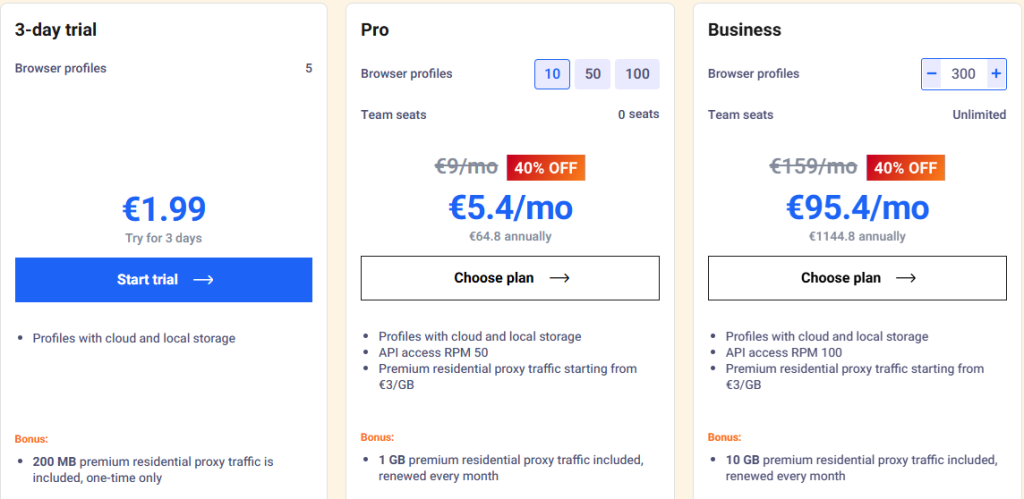 Multilogin X pricing.