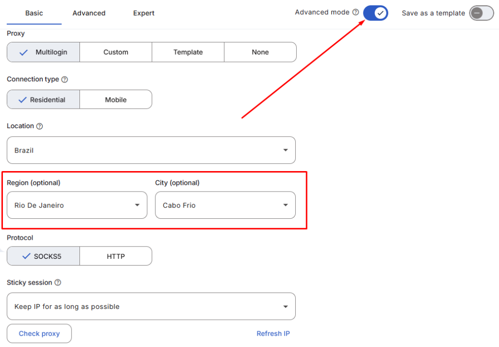 Proxy settings in Multilogin.